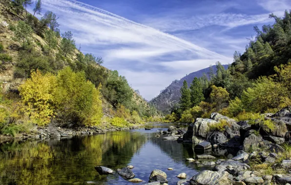 Picture autumn, the sky, trees, mountains, lake, stones