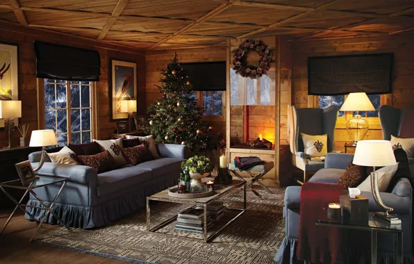 Heat, tree, interior, New Year, Christmas, fireplace, living room, New Year