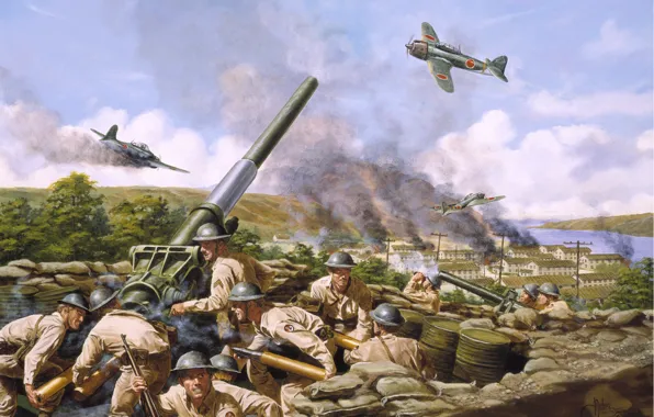 The city, fire, aircraft, soldiers, gun, Alaska, 1942, June 3