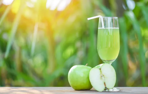 Light, green, table, background, half, apples, glass, juice