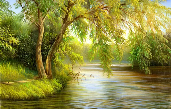 Trees, birds, nature, painting, canvas, green