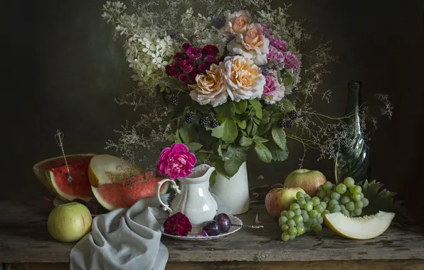 Summer, flowers, beauty, watermelon, grapes, vase, fruit, Zimina Lionella