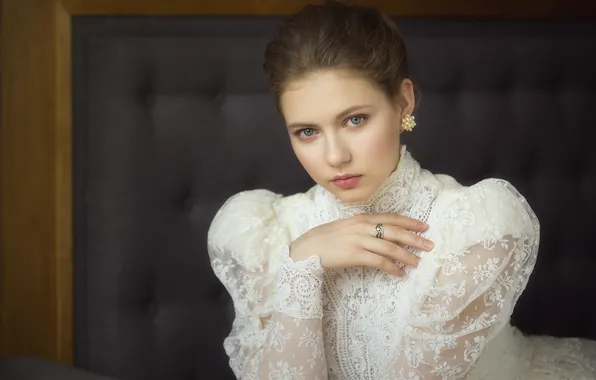Look, girl, face, pose, hand, portrait, white dress, Alexey Nazarov