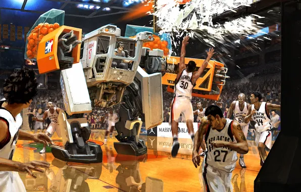 Machine, fragments, the game, robot, balls, art, basketball, broken