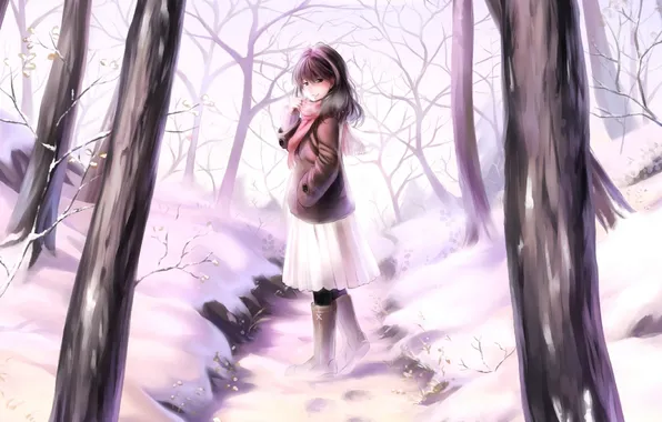 Winter, the sky, girl, snow, trees, traces, smile, anime