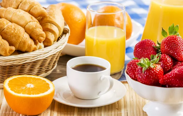 Coffee, oranges, strawberry, juice, plate, cakes, Coffee, orange