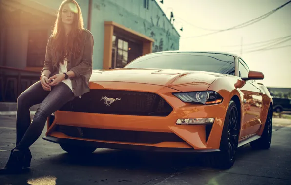 Picture mustang, girl, ford mustang, orange, jeans, redhead