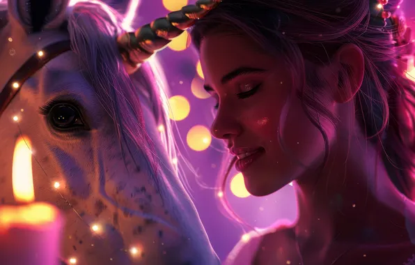Girl, fantasy, unicorn, Princess, bokeh, lilac background, AI art, neural network