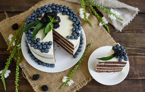 Picture decoration, berries, cake, cream, a piece of cake