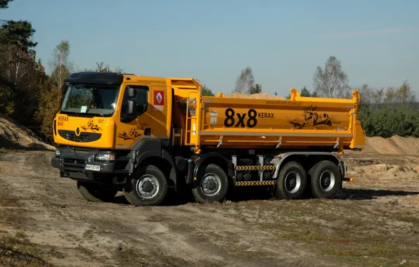 Orange, truck, Renault, side, 8x8, dump truck, four-axle, Renault Trucks