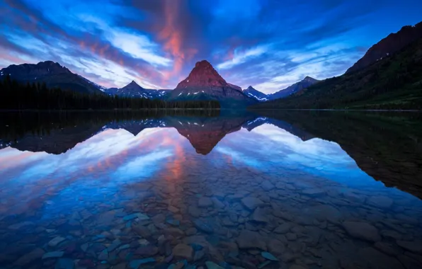 Mountains, lake, reflection, boat, Montana, Sinopah Mountain, Two Medicine Lake. Glacier National Park