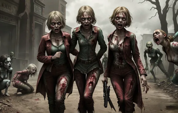 Picture fiction, street, blood, zombies, horror, digital art, three girls, digital art