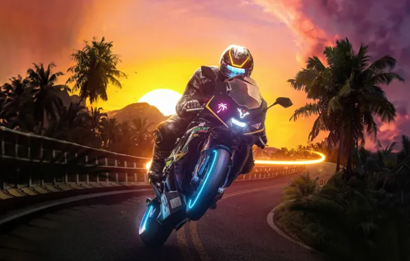 Picture bike, sunset, rider