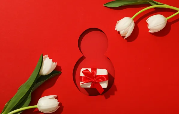 Flowers, figure, tulips, red, happy, March 8, red background, flowers