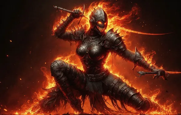 Fire, flame, sword, warrior, armor