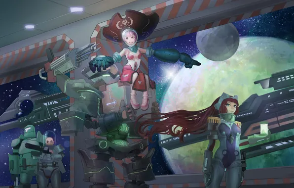 Picture space, girls, planet, ship, robots