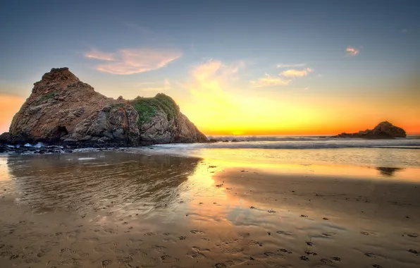 Beach, rock, the ocean, dawn, USA, USA, State California, California