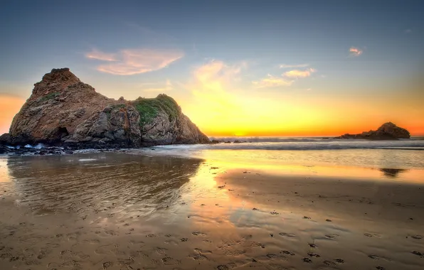 Picture beach, rock, the ocean, dawn, USA, USA, State California, California