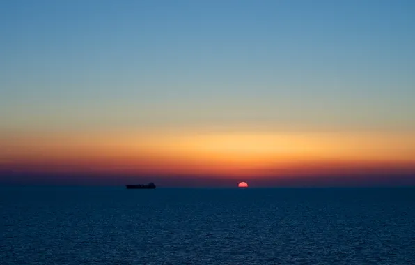 Sea, the sun, sunset, ship, tanker, disk, the cargo ship