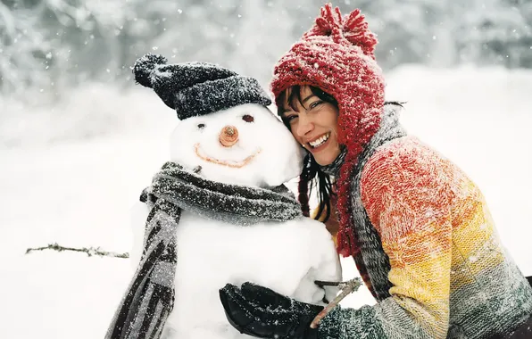 Winter, girl, snow, smile, snowman, hugs, amazing