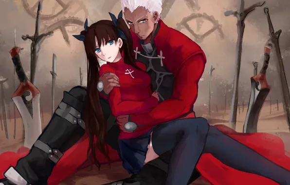 Girl, two, hug, Rin, Archer, Fate stay night, Fate / Stay Night