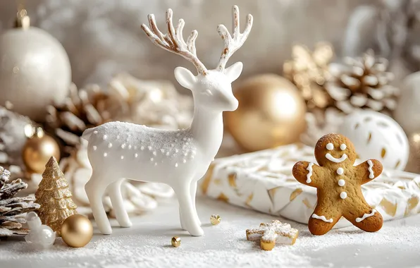 White, balls, gift, deer, cookies, Christmas, man, New year