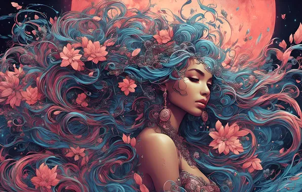 Look, girl, decoration, flowers, the moon, figure, curls, picture