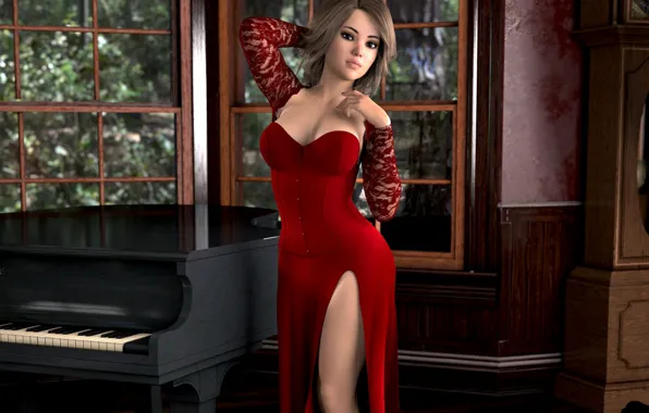 Picture girl, pose, room, red dress