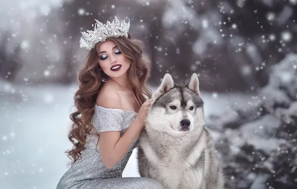 Picture girl, snow, pose, dog, crown, makeup, dress, neckline