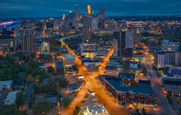 Picture building, road, home, panorama, crossroads, night city, skyscrapers, Mn