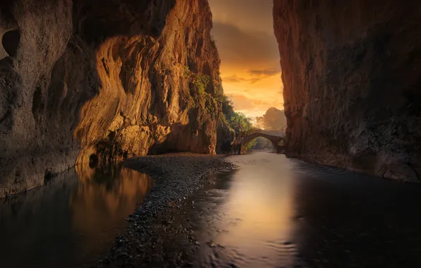 The sky, clouds, landscape, sunset, mountains, bridge, nature, stones