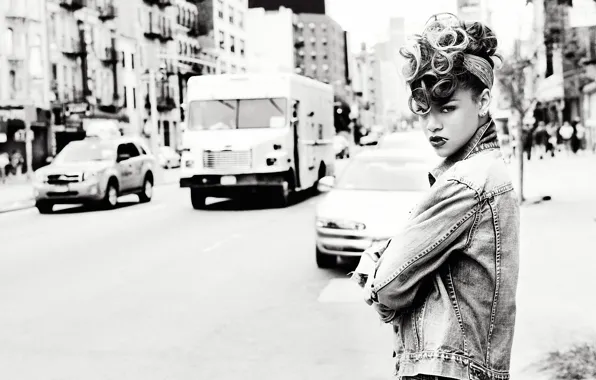 Look, street, black and white, singer, Rihanna, hairstyle, curls, on the sidewalk