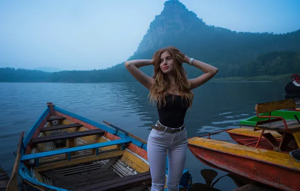 Sky, nature, water, clouds, lake, model, women, jeans