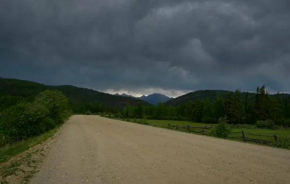 Green, summer, Russia, storm, road, trees, Buryatia, mounts