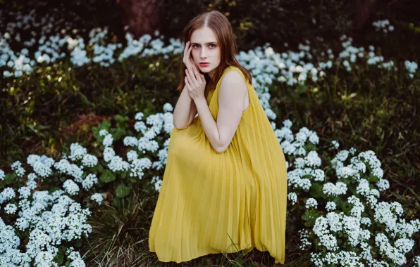 Picture look, girl, flowers, pose, hands, yellow dress, Andreas-Joachim Lins, Milena Ru