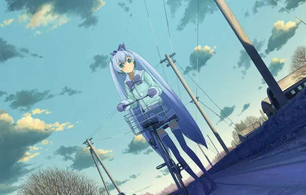 Picture girl, trees, bike, the city, home, anime, art, vocaloid