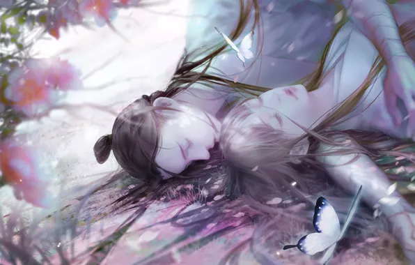 Girl, butterfly, Sakura, guy, sleep, by icelog