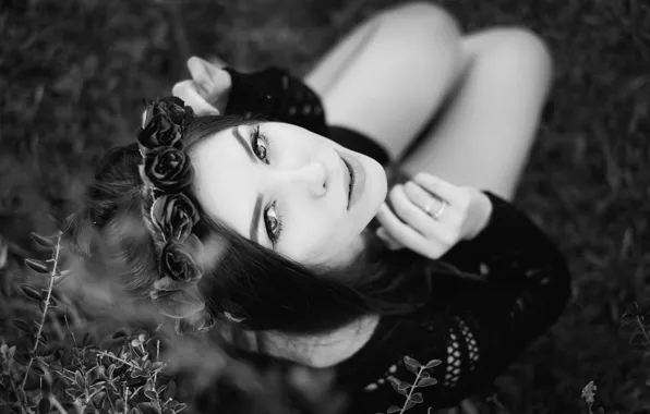 Look, girl, flowers, makeup, black and white, wreath