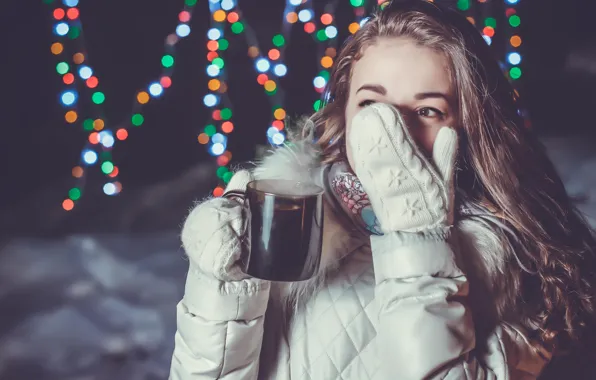 Picture winter, girl, mug, fun, mitten, hot drink