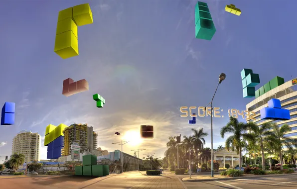 The sky, the city, blocks, Tetris, score
