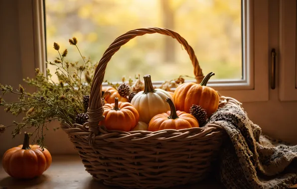 Autumn, light, bouquet, harvest, window, pumpkin, pumpkin, sill