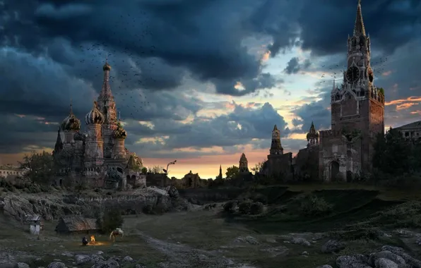 The sky, Moscow, the evening, the Kremlin, ruins, Russia, St. Basil's Cathedral