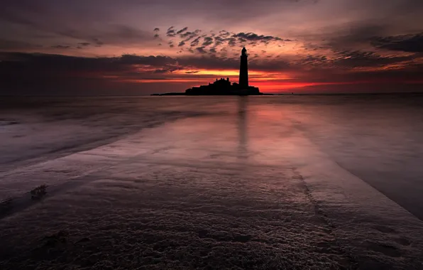 Sea, landscape, night, lighthouse