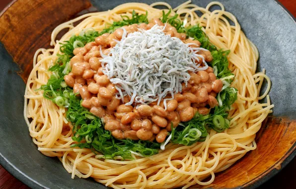 Fish, spaghetti, pasta, beans