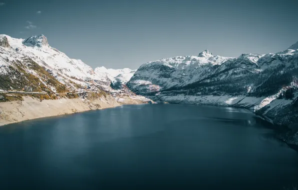 Snow, mountains, lake, France, Tignes