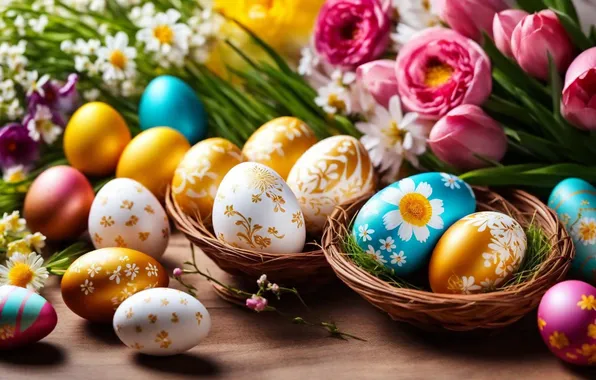 Flowers, eggs, spring, colorful, Easter, flowers, spring, Easter