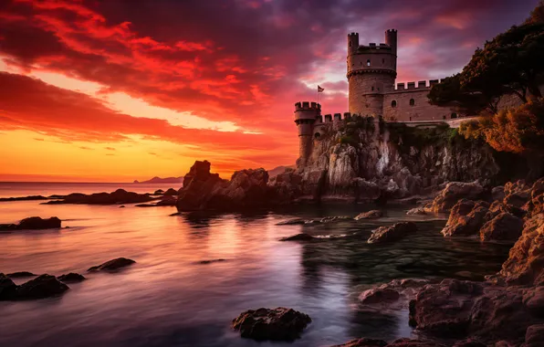 Sea, the sky, sunset, clouds, castle, rocks, landscape, sunset