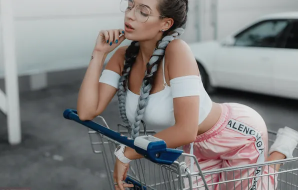 Girl, pose, glasses, braid, truck, Andrey Popenko
