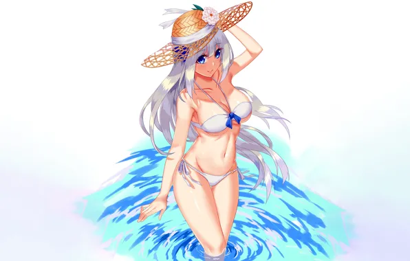 Girl, sexy, cleavage, long hair, boobs, anime, water, blue eyes