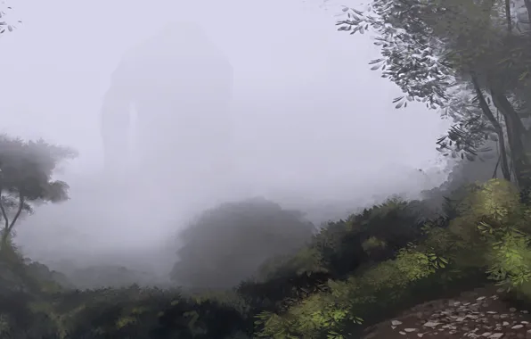 Trees, fog, stones, figure, silhouette, art, track, giant
